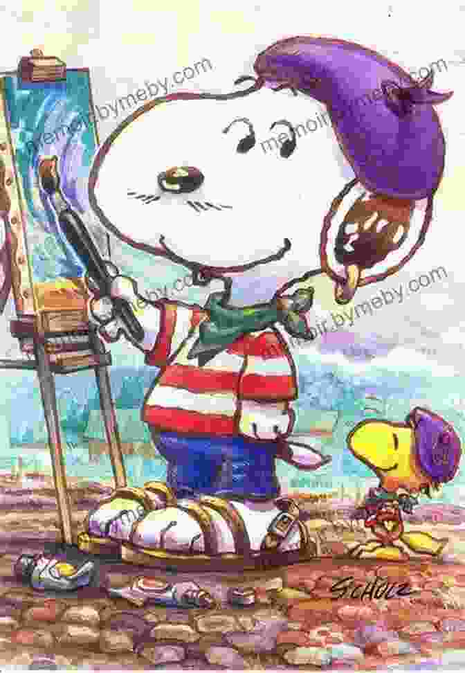 Snoopy Standing In Front Of An Easel, With A Paintbrush In His Mouth And A Canvas Covered In Colorful Abstract Art The Many Faces Of Snoopy (Peanuts)